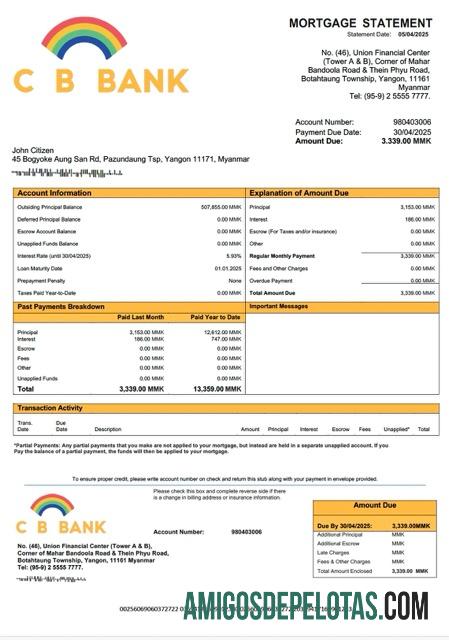 em branco Modelo Word e PDF de extrato de hipoteca do Banco CB de Mianmar
